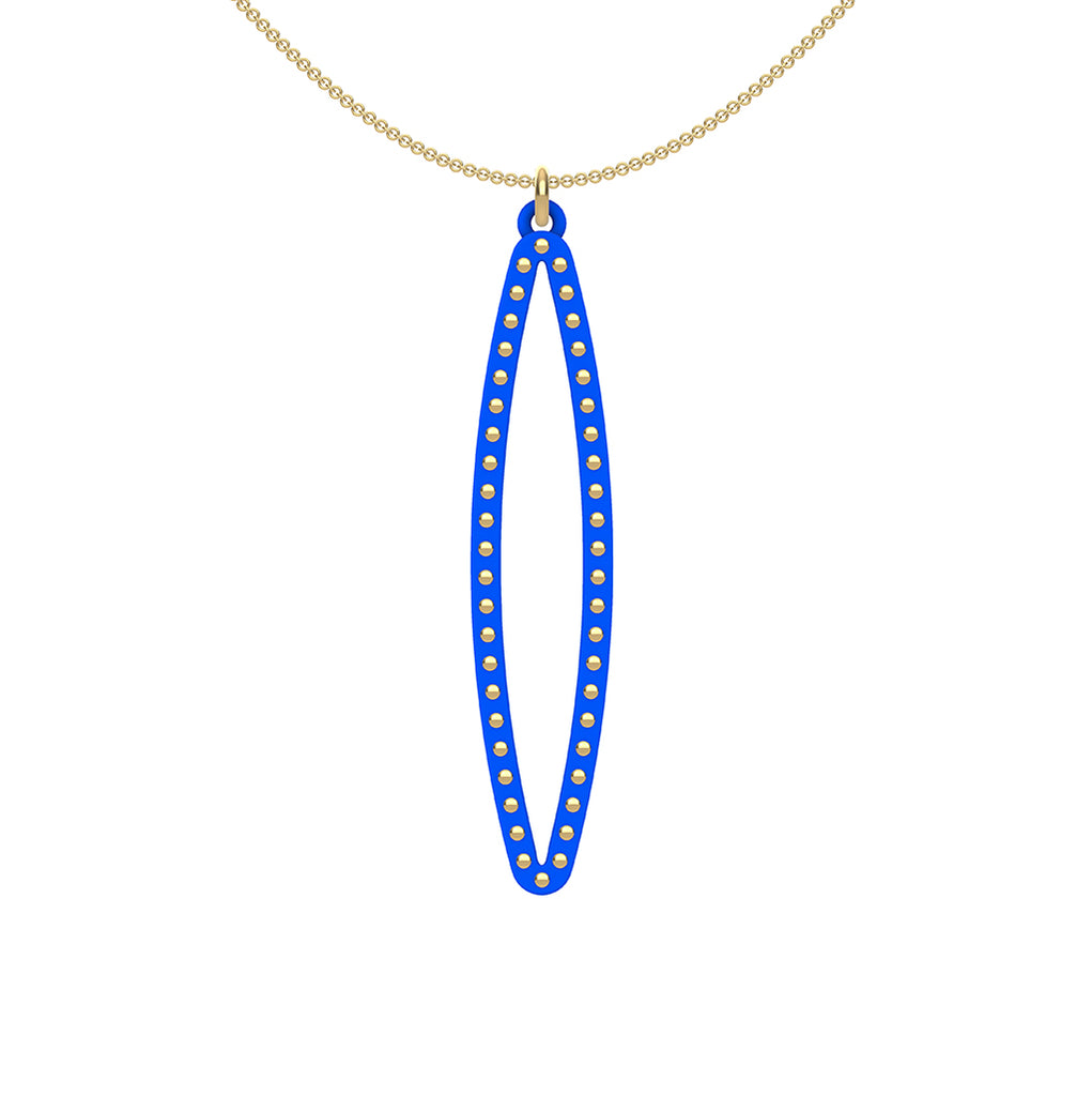 OVAL pendant  MEDIUM ( 2inches long)  with  14/20  goldfill  studs along shape  COLOR: royal blue  MATERIAL: 3D printed Nylon  ARTIST: Ree Gallagher, USA