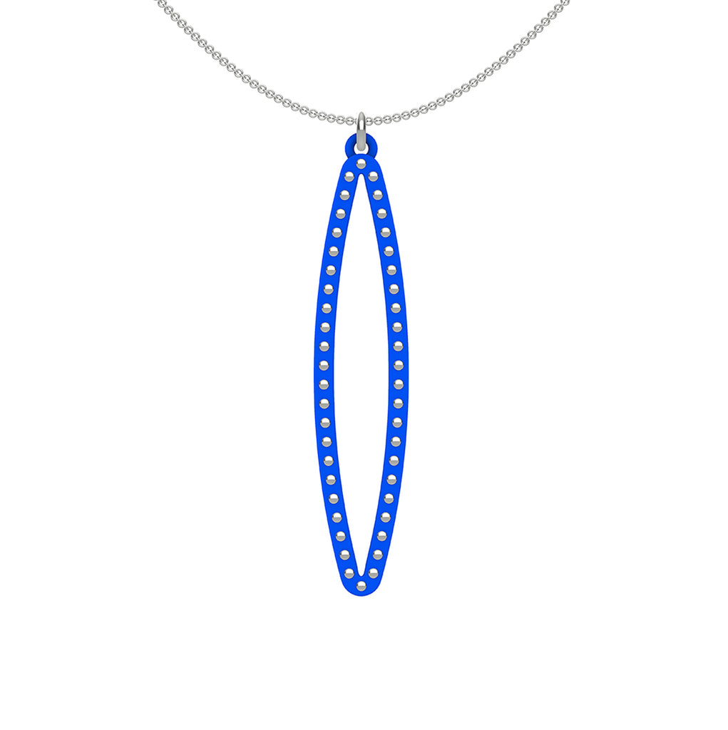 OVAL pendant  MEDIUM ( 2inches long)  with  sterling silver studs along shape  COLOR: royal blue  MATERIAL: 3D printed Nylon  ARTIST: Ree Gallagher, USA