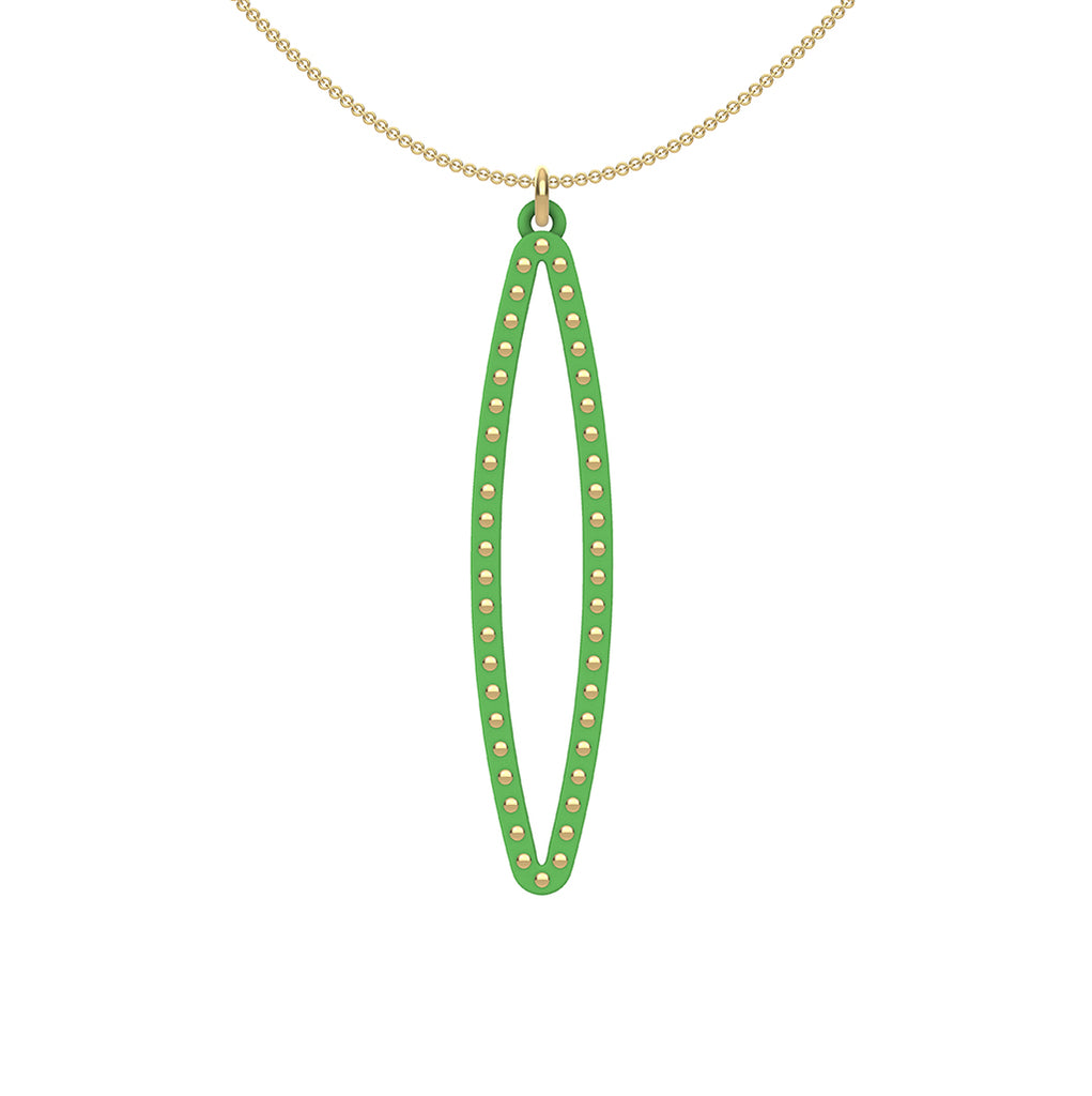 OVAL pendant  MEDIUM ( 2inches long)  with  14/20  goldfill studs along shape  COLOR: grass green  MATERIAL: 3D printed Nylon  ARTIST: Ree Gallagher, USA
