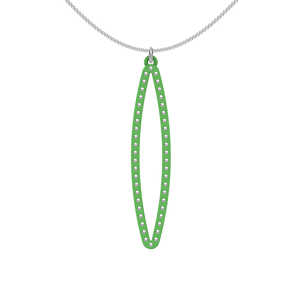 OVAL pendant  MEDIUM ( 2inches long)  with  sterling silver studs along shape  COLOR: grass green  MATERIAL: 3D printed Nylon  ARTIST: Ree Gallagher, USA