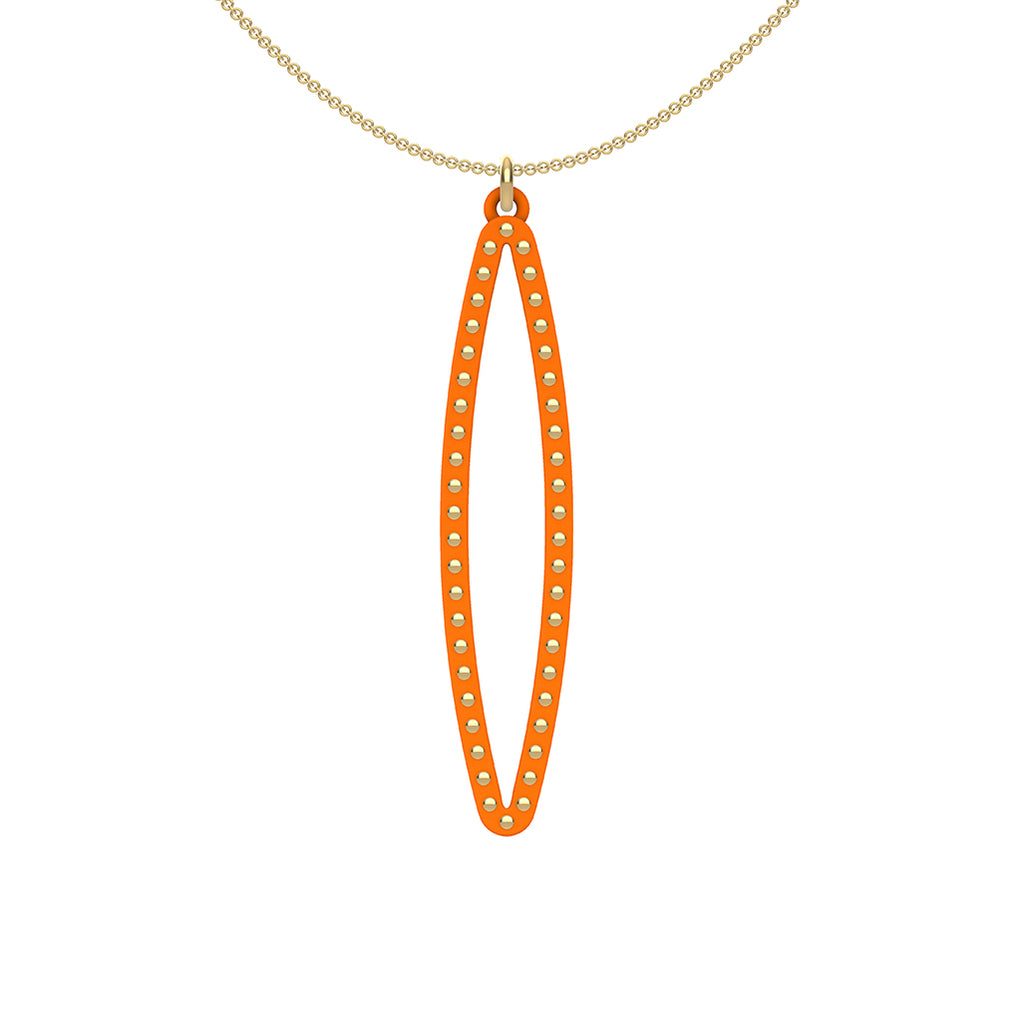 OVAL pendant  MEDIUM ( 2inches long)  with  14/20 goldfill  studs along shape  COLOR: orange   MATERIAL: 3D printed Nylon  ARTIST: Ree Gallagher, USA
