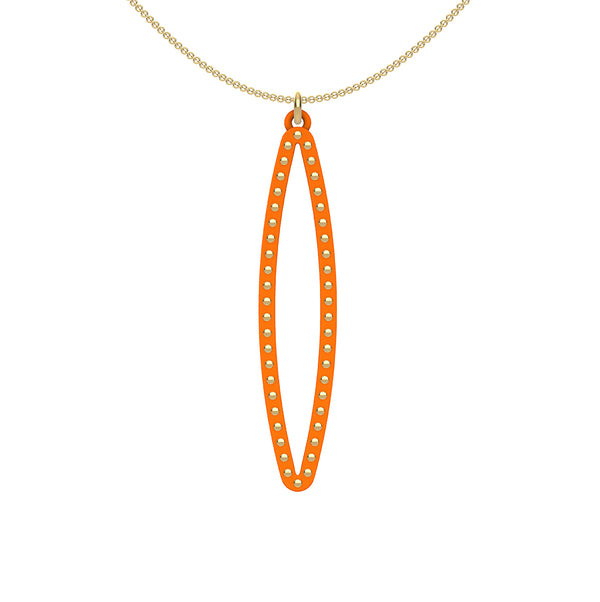 OVAL pendant  MEDIUM ( 2inches long)  with  14/20 goldfill  studs along shape  COLOR: orange   MATERIAL: 3D printed Nylon  ARTIST: Ree Gallagher, USA