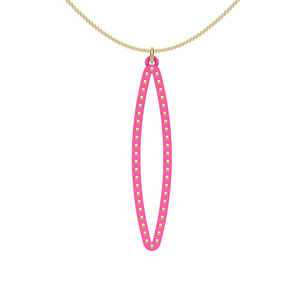 OVAL pendant  MEDIUM ( 2inches long)  with  14/20  goldfill  studs along shape  COLOR: hot pink  MATERIAL: 3D printed Nylon  ARTIST: Ree Gallagher, USA