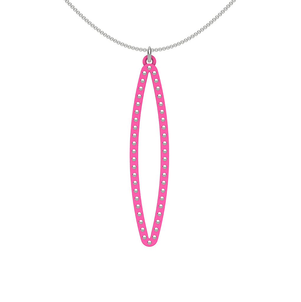 OVAL pendant  MEDIUM ( 2inches long)  with  sterling  silver  studs along shape  COLOR: hot pink  MATERIAL: 3D printed Nylon  ARTIST: Ree Gallagher, USA