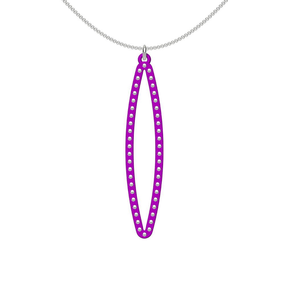 OVAL pendant  MEDIUM ( 2inches long)  with  sterling silver studs along shape  COLOR: purple   MATERIAL: 3D printed Nylon  ARTIST: Ree Gallagher, USA