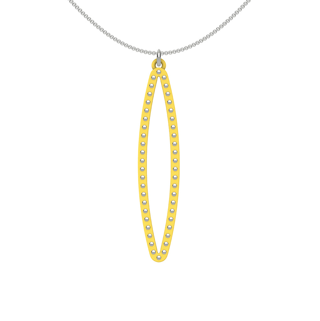 OVAL pendant  MEDIUM ( 2inches long)  with  sterling silver studs along shape  COLOR: yellow   MATERIAL: 3D printed Nylon  ARTIST: Ree Gallagher, USA