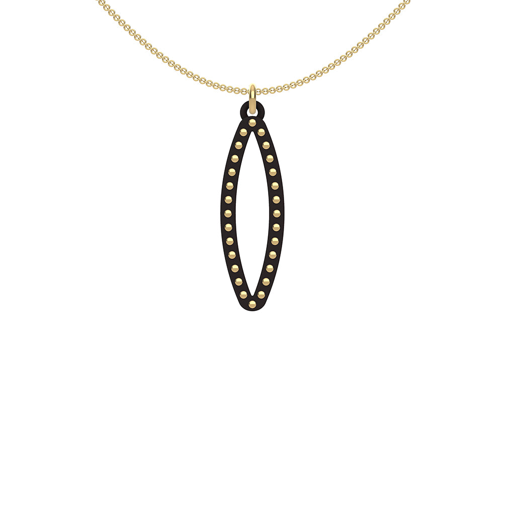 OVAL pendant  SMALL with 14/20 goldfill studs along shape  COLOR: black  MATERIAL: 3D printed Nylon  ARTIST: Ree Gallagher, USA