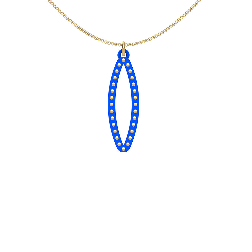 OVAL pendant  SMALL with 14/20 goldfill  studs along shape  COLOR: royal blue  MATERIAL: 3D printed Nylon  ARTIST: Ree Gallagher, USA