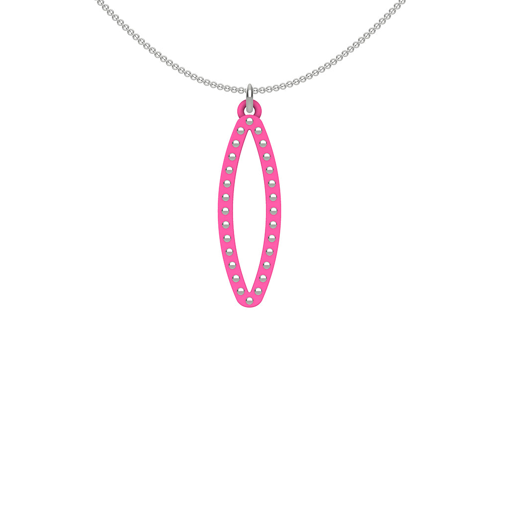 OVAL pendant  SMALL with sterling silver studs along shape  COLOR: hot  pink   MATERIAL: 3D printed Nylon  ARTIST: Ree Gallagher, USA