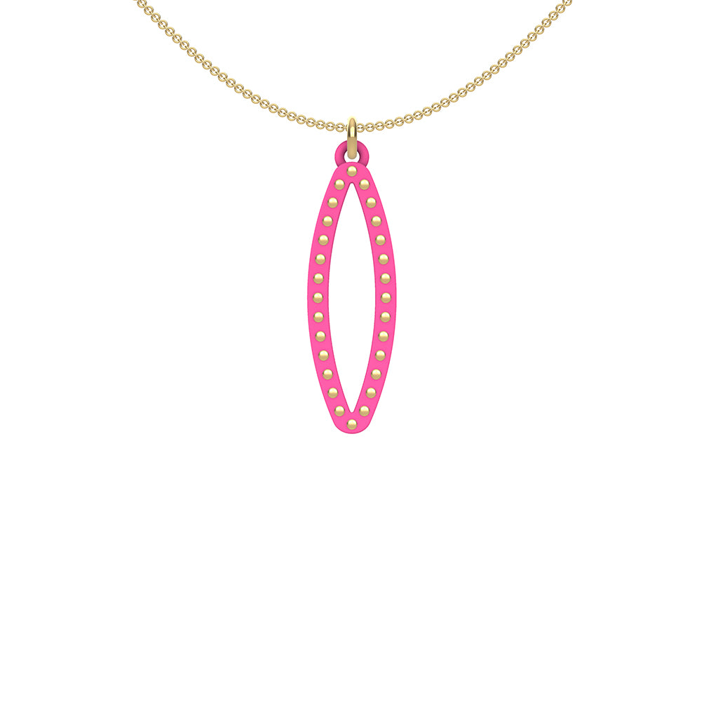 OVAL pendant  SMALL with 14/20 goldfill  studs along shape  COLOR: hot  pink   MATERIAL: 3D printed Nylon  ARTIST: Ree Gallagher, USA
