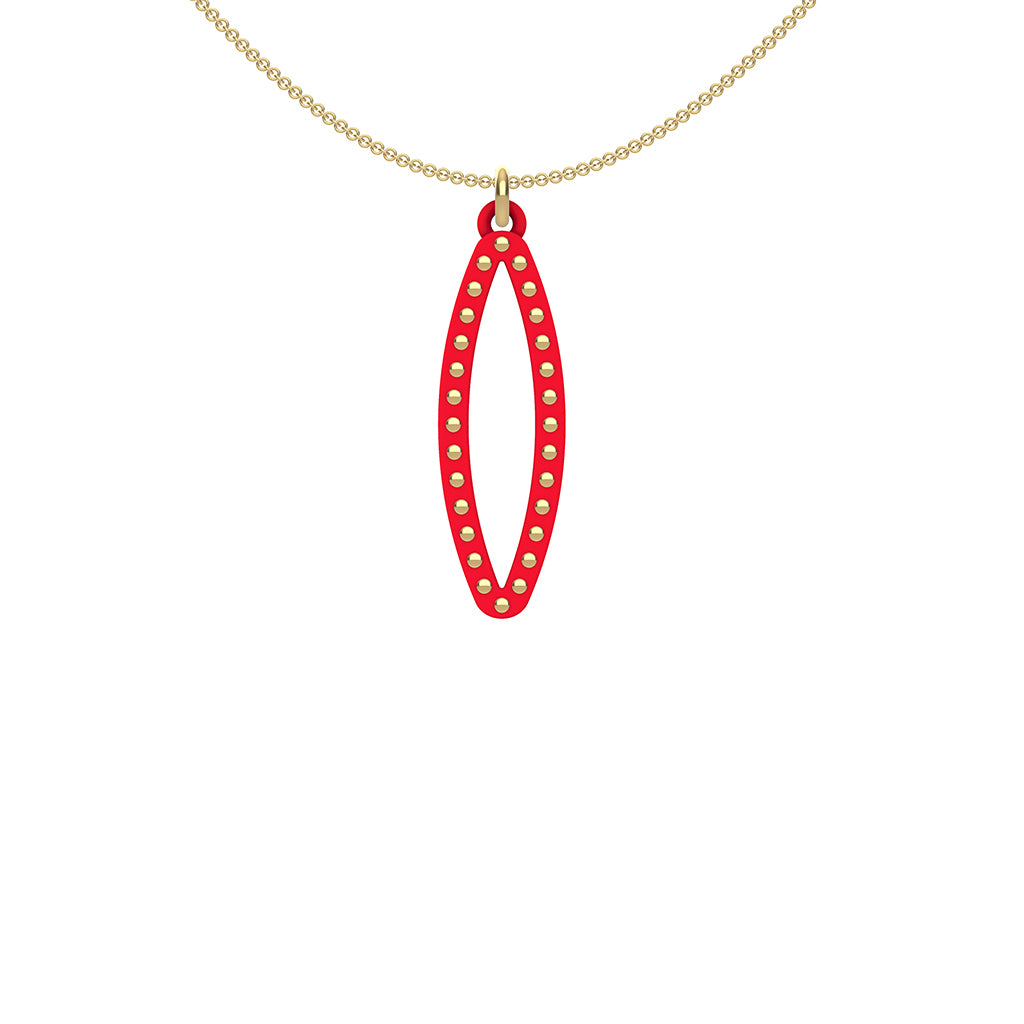 OVAL pendant  SMALL with 14/20  goldfill studs along shape  COLOR: red   MATERIAL: 3D printed Nylon  ARTIST: Ree Gallagher, USA