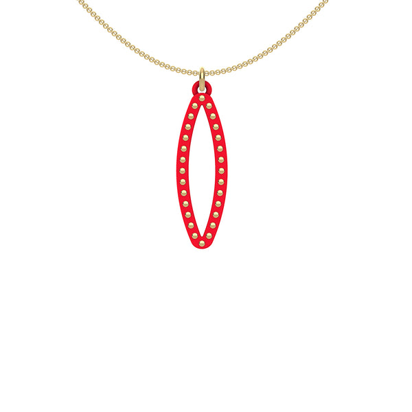 OVAL pendant  SMALL with 14/20  goldfill studs along shape  COLOR: red   MATERIAL: 3D printed Nylon  ARTIST: Ree Gallagher, USA