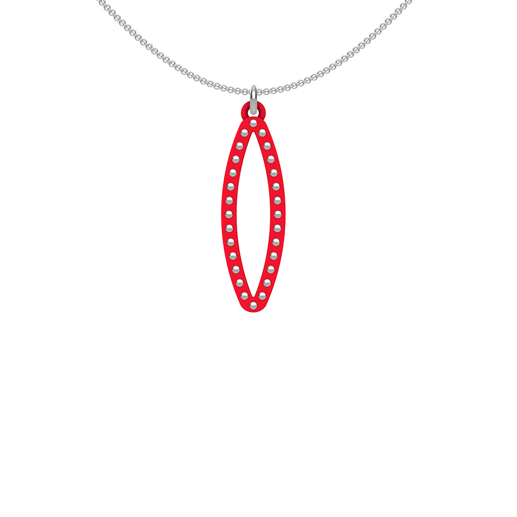 OVAL pendant  SMALL with sterling silver studs along shape  COLOR: red   MATERIAL: 3D printed Nylon  ARTIST: Ree Gallagher, USA