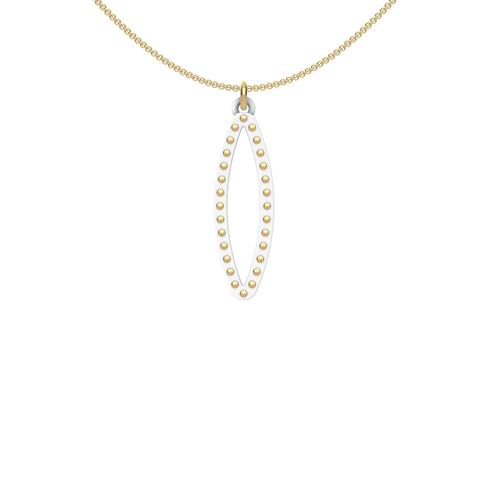 OVAL pendant  SMALL with 14/20  goldfill  studs along shape  COLOR: white  MATERIAL: 3D printed Nylon  ARTIST: Ree Gallagher, USA