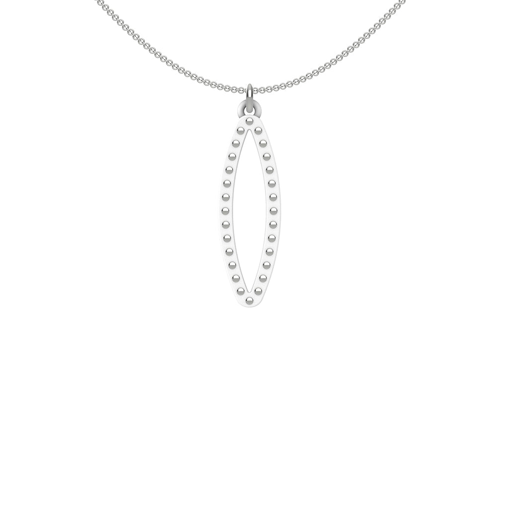 OVAL pendant  SMALL with sterling  silver  studs along shape  COLOR: white  MATERIAL: 3D printed Nylon  ARTIST: Ree Gallagher, USA