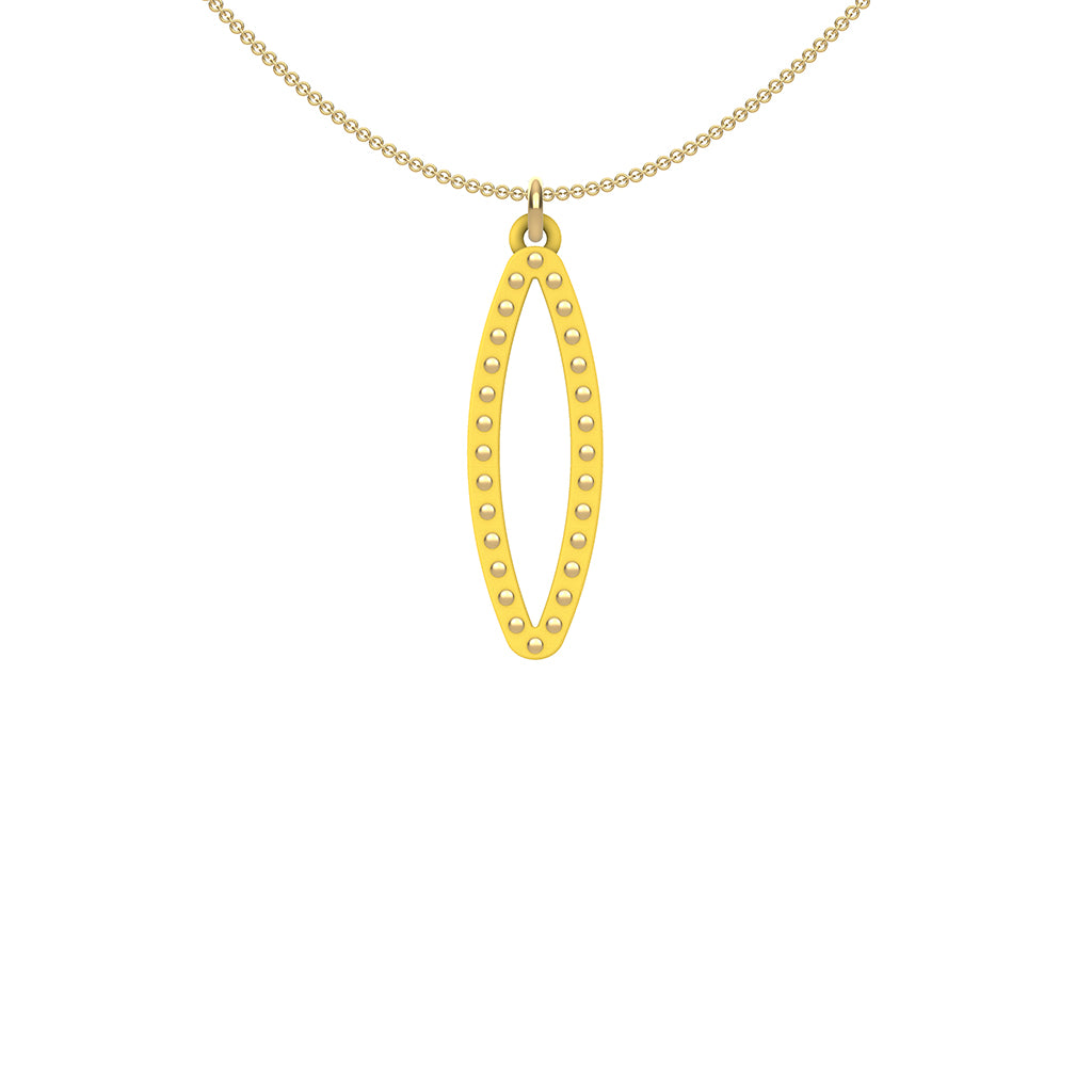 OVAL pendant  SMALL with 14/20 goldfill  studs along shape  COLOR: yellow  MATERIAL: 3D printed Nylon  ARTIST: Ree Gallagher, USA