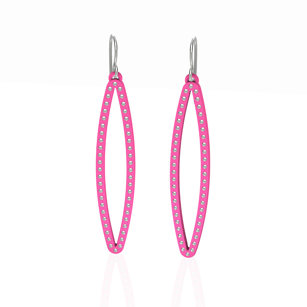 OVAL earrings  SIZE:  MEDIUM ( 2inches long)  with  sterling  silver  studs along shape  COLOR:  pink   MATERIAL: 3D printed Nylon  ARTIST: Ree Gallagher, USA