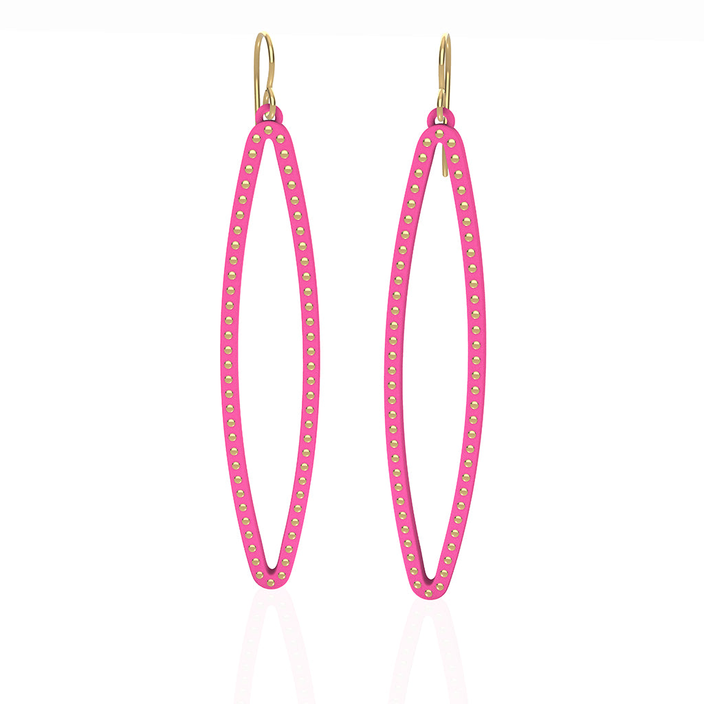 OVAL earrings  SIZE:  LARGE  ( 2.75 inches long)  with  14/20  goldfill  studs along shape  COLOR:  PINK   MATERIAL: 3D printed Nylon  ARTIST: Ree Gallagher