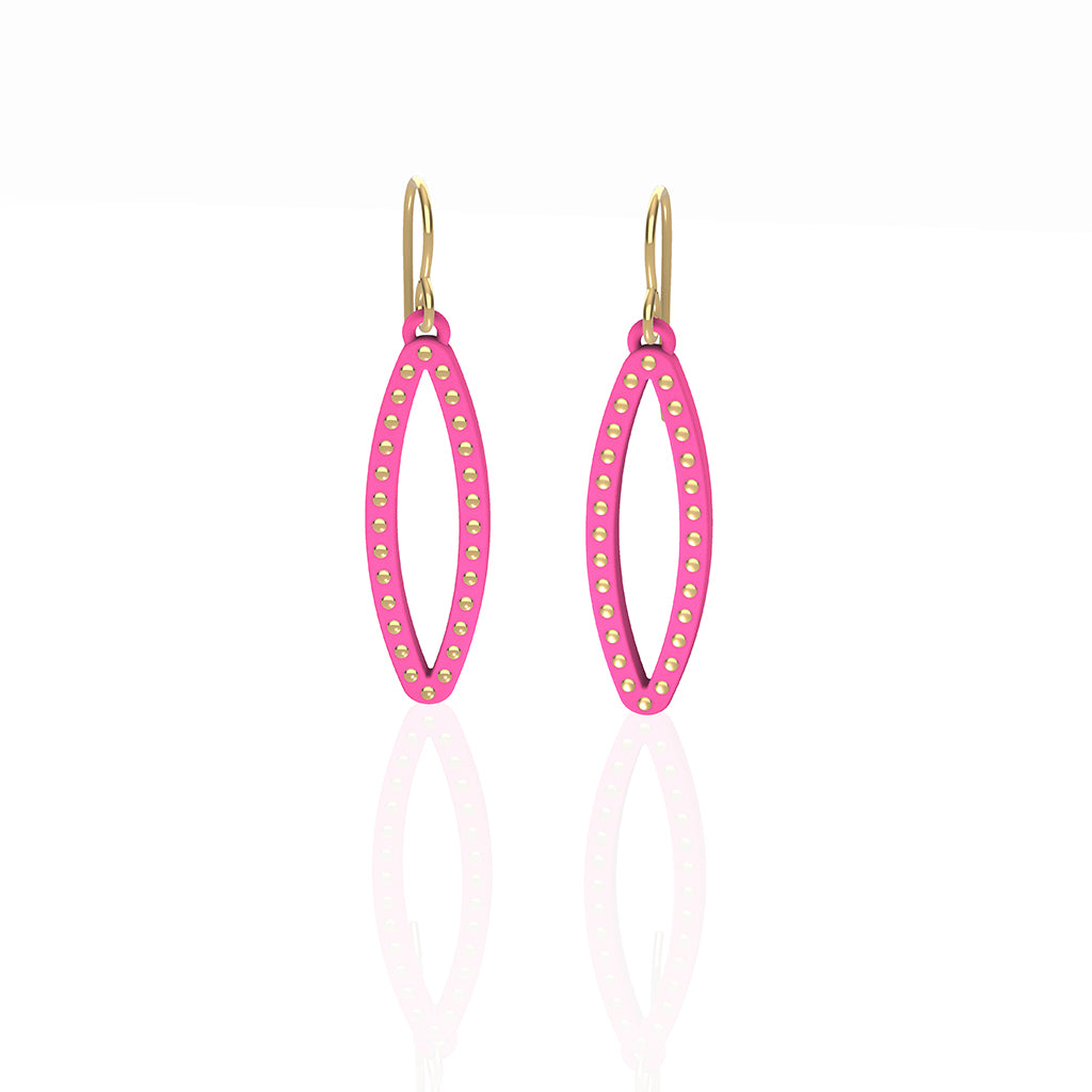 OVAL earrings  SIZE:  SMALL  ( 1.25 inches long)  with  14/20  goldfill  studs along shape  COLOR:   pink   MATERIAL: 3D printed Nylon  ARTIST: Ree Gallagher, USA