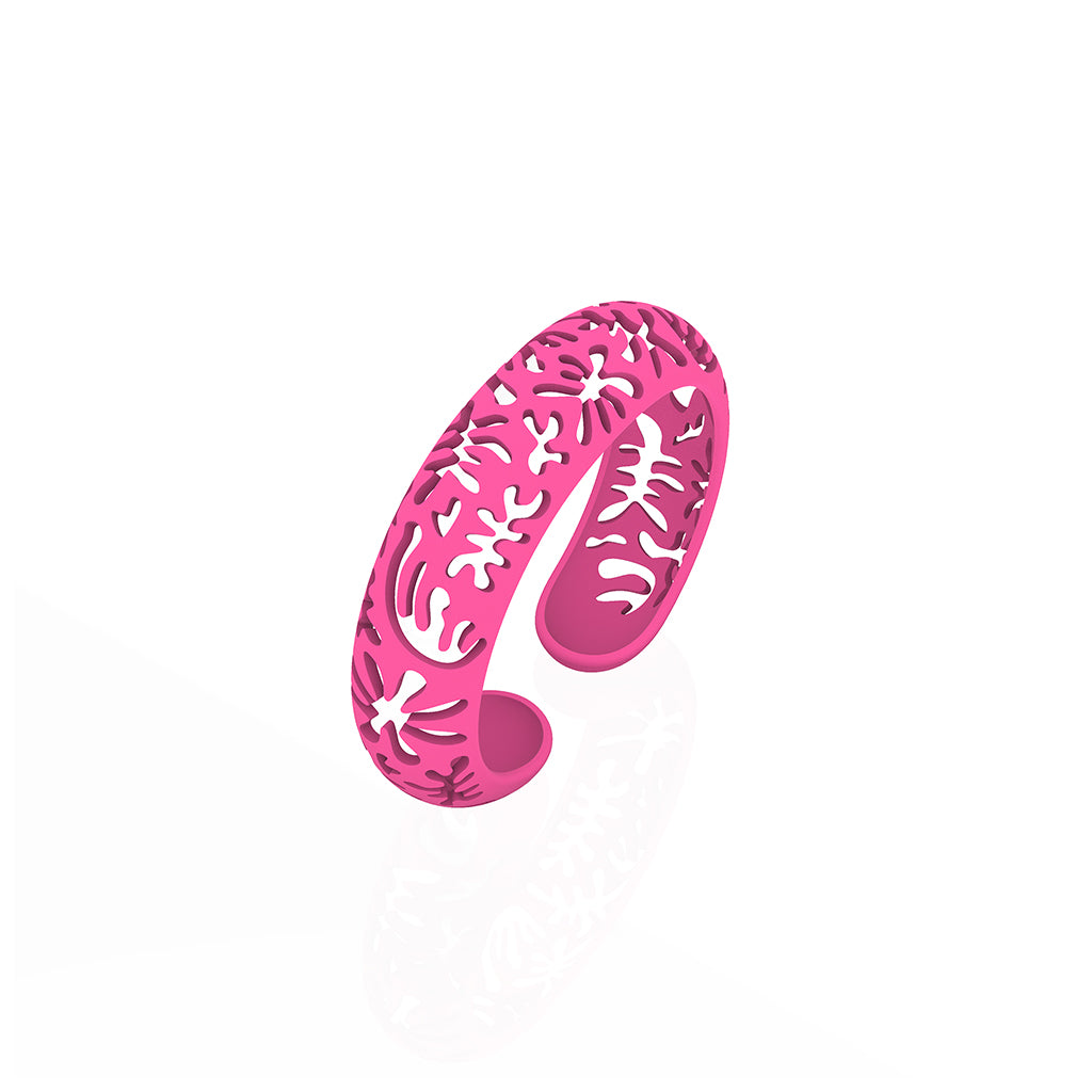 CORAL cutout CUFF bracelet inspired by artist Henri Matisse.  Color is  HOT PINK.  Measures 3/4 of inches wide.  ONE SIZE fits most .  Made of lightweight nylon