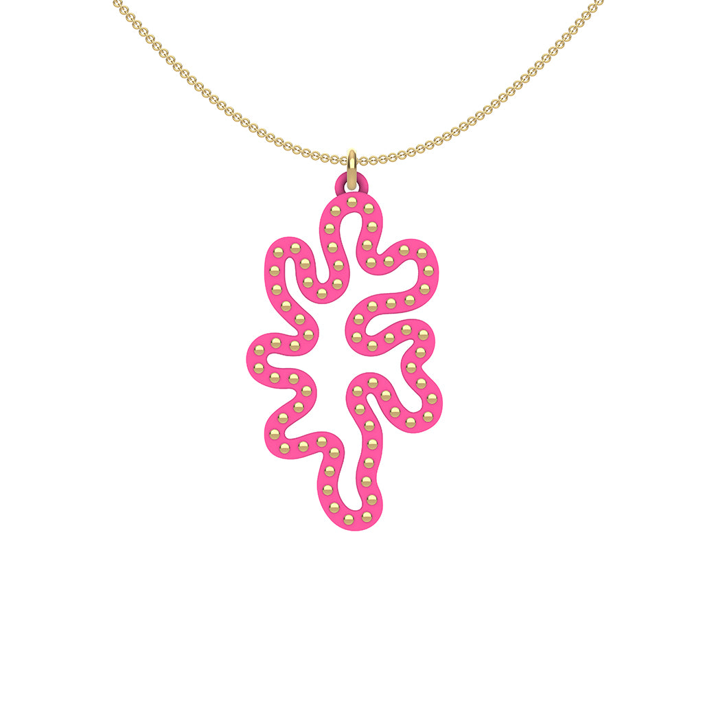 MATISSE.cutout  CORAL pendant  STYLE:  1  with 14/20 goldfill studs along shape  COLOR:  hot pink    MATERIAL:  3D printed Nylon  ARTIST:  Ree Gallagher