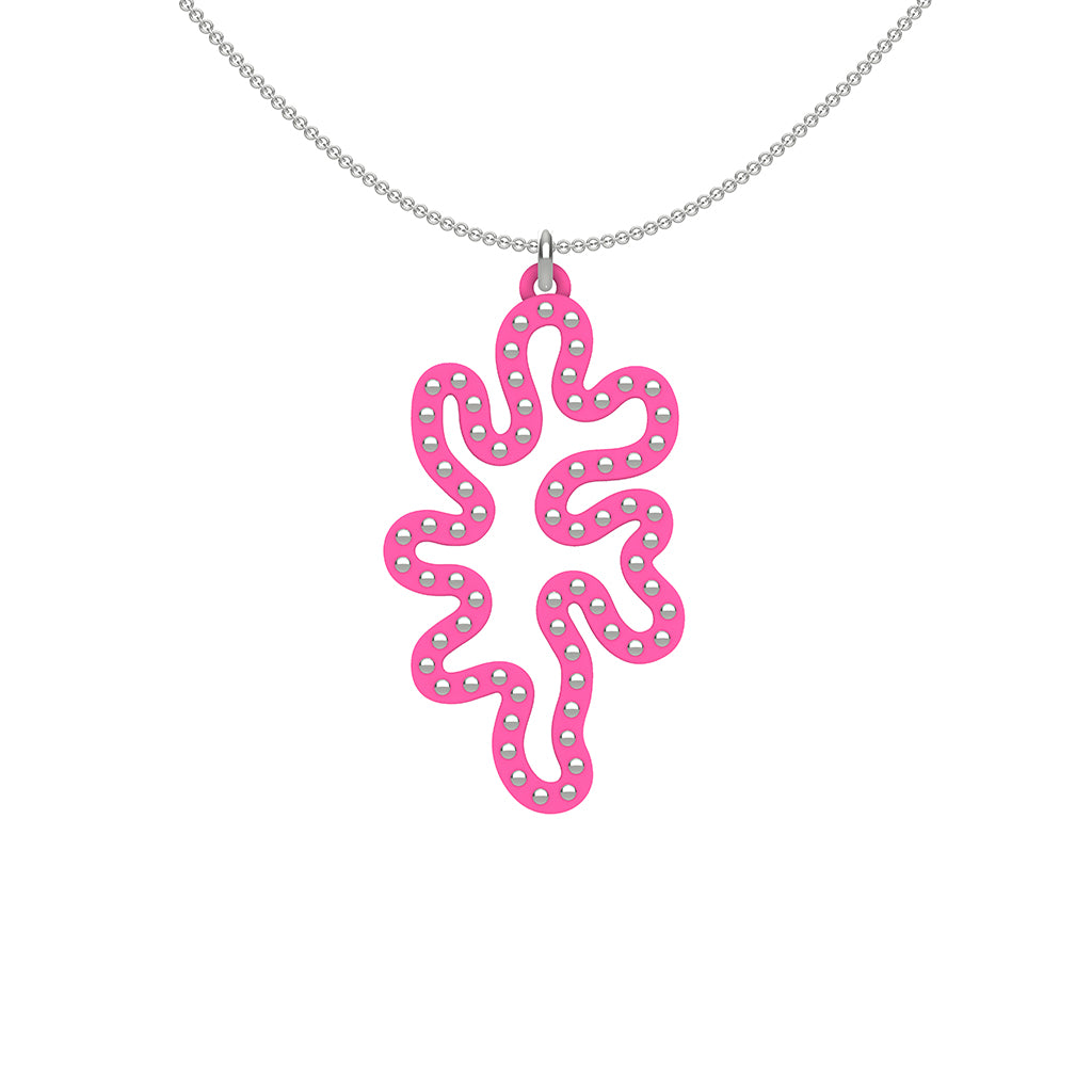 MATISSE.cutout  CORAL pendant  STYLE:  1  with sterling silver studs along shape  COLOR:  hot pink    MATERIAL:  3D printed Nylon  ARTIST:  Ree Gallagher