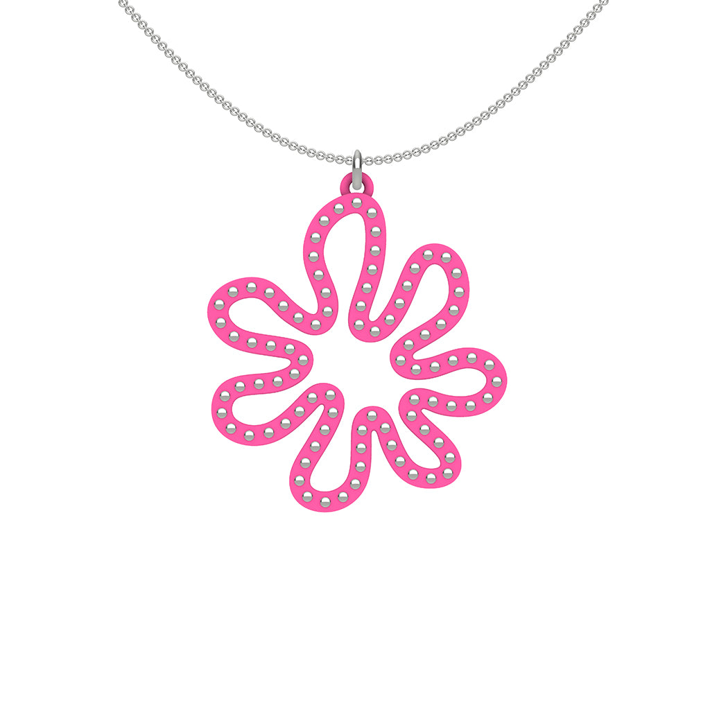 MATISSE.cutout  CORAL pendant  STYLE:  2  with sterling silver studs along shape  COLOR:  hot pink    MATERIAL:  3D printed Nylon  ARTIST:  Ree Gallagher, USA