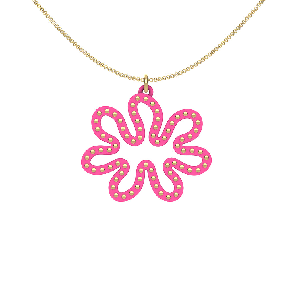 MATISSE.cutout  CORAL pendant  STYLE:  3 , oriented horizontally with 14/20  goldfill  studs along shape  COLOR:  hot  pink    MATERIAL:  3D printed Nylon  ARTIST:  Ree Gallagher, USA