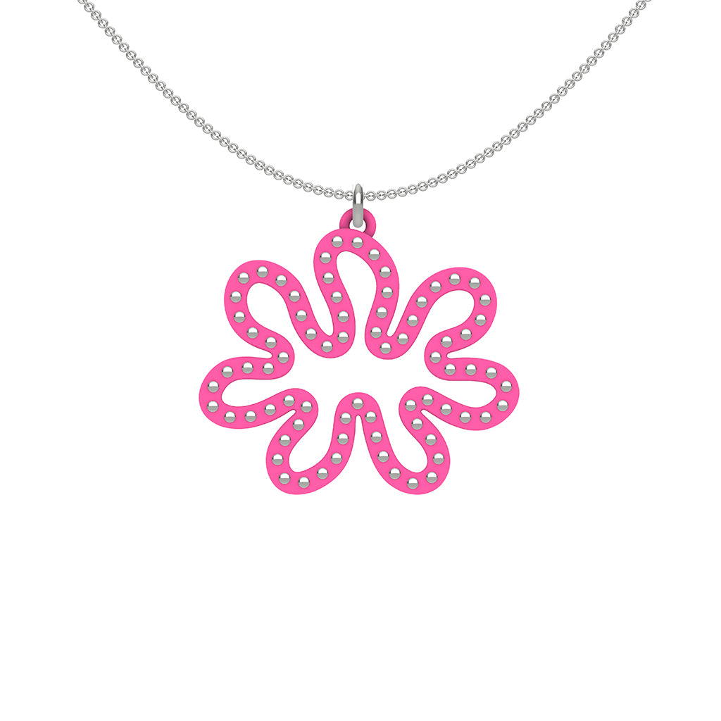 MATISSE.cutout  CORAL pendant  STYLE:  3 , oriented horizontally with sterling silver studs along shape  COLOR:  hot  pink    MATERIAL:  3D printed Nylon  ARTIST:  Ree Gallagher, USA