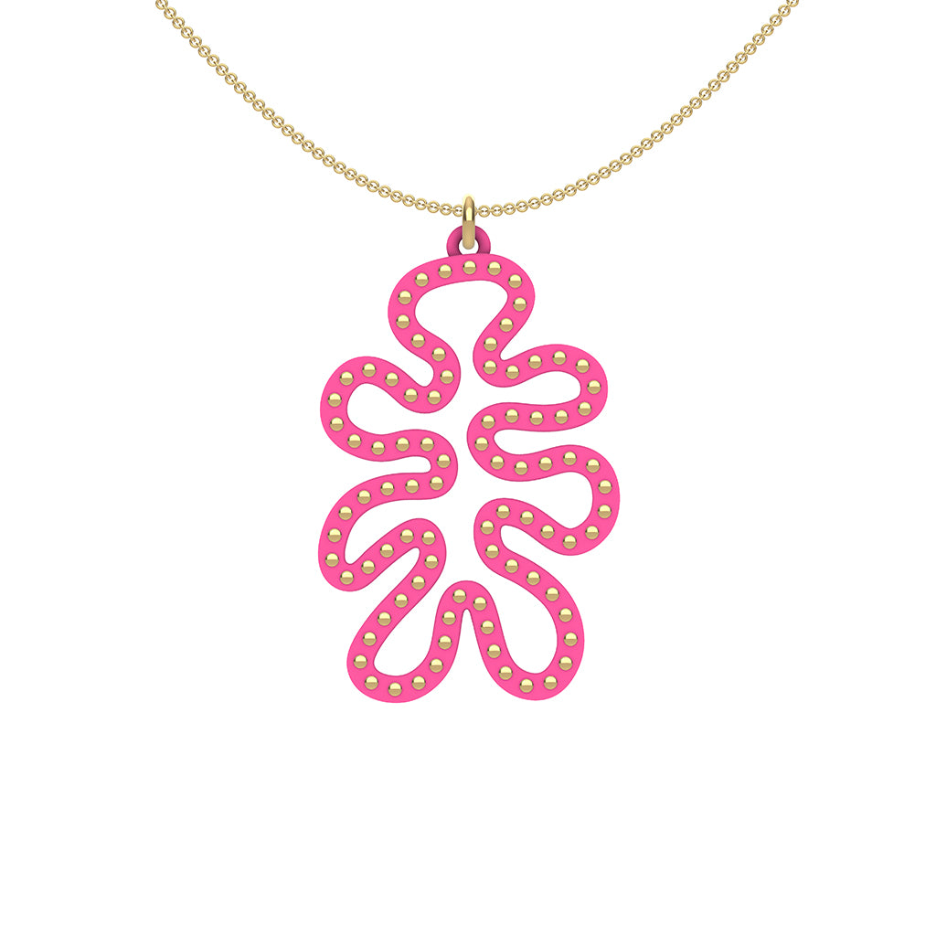 MATISSE.cutout  CORAL pendant  STYLE:  4 , funky vertical shape  with 14/20 goldfill studs along shape  COLOR:   pink    MATERIAL:  3D printed Nylon  ARTIST:  Ree Gallagher, USA
