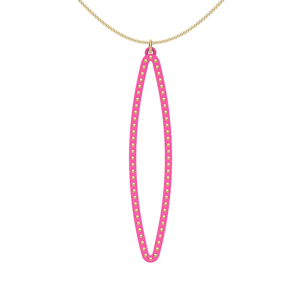 OVAL pendant  LARGE  ( 2.75 inches long)  with  14/20  Goldfill  studs along shape  COLOR: pink  MATERIAL: 3D printed Nylon  ARTIST: Ree Gallagher, USA