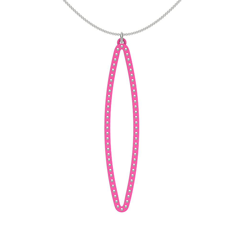 OVAL pendant  LARGE  ( 2.75 inches long)  with  sterling silver studs along shape  COLOR: pink  MATERIAL: 3D printed Nylon  ARTIST: Ree Gallagher, USA