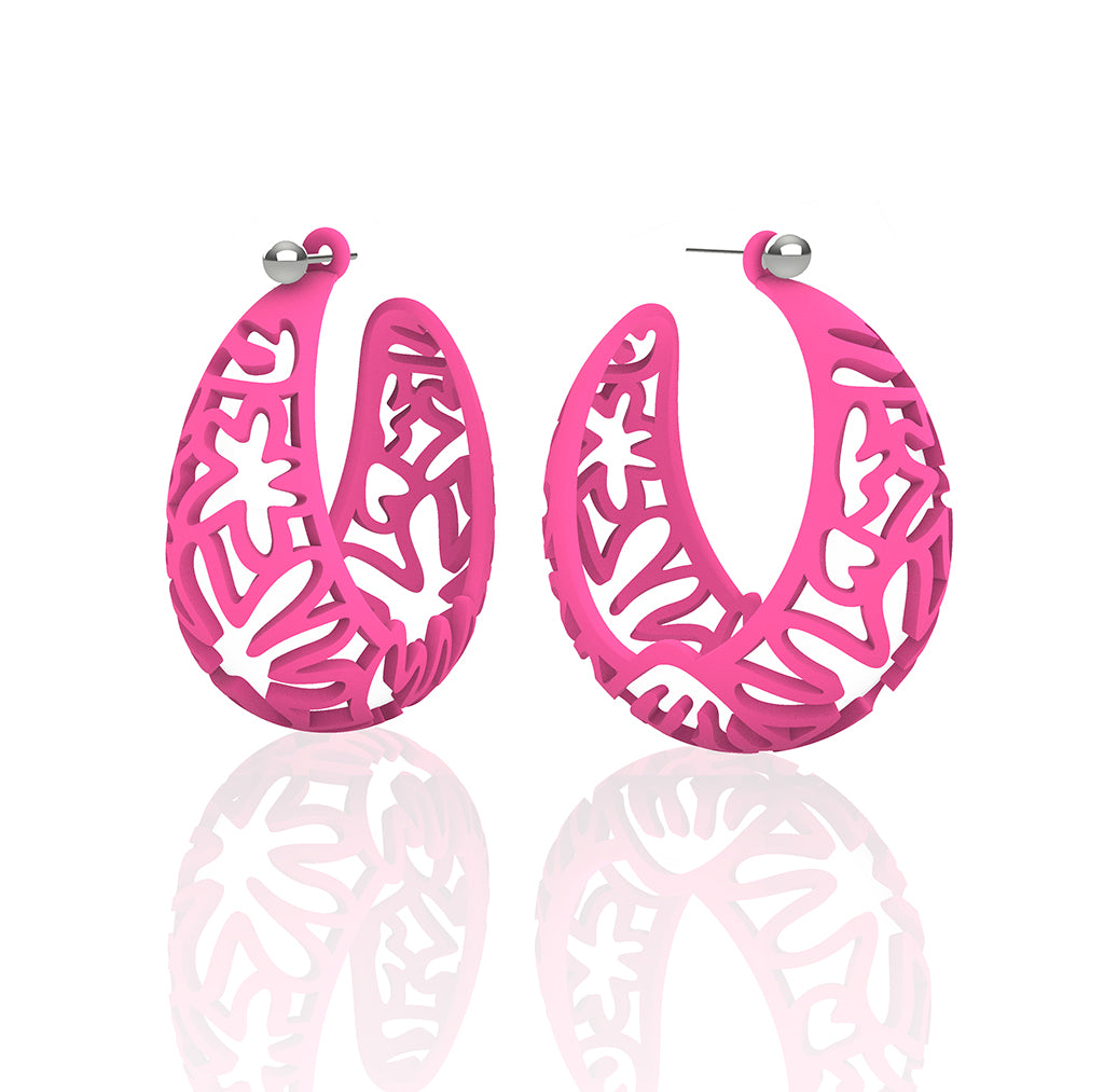 MATISSE inspired hot pink  CORAL CUTOUT HOOP earrings.  1.625 inch diameter.  Material:  Nylon   Posts:  sterling or 14/20 goldfill