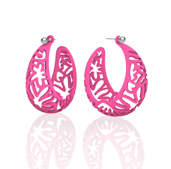 MATISSE inspired hot pink  CORAL CUTOUT HOOP earrings.  1.625 inch diameter.  Material:  Nylon   Posts:  sterling or 14/20 goldfill