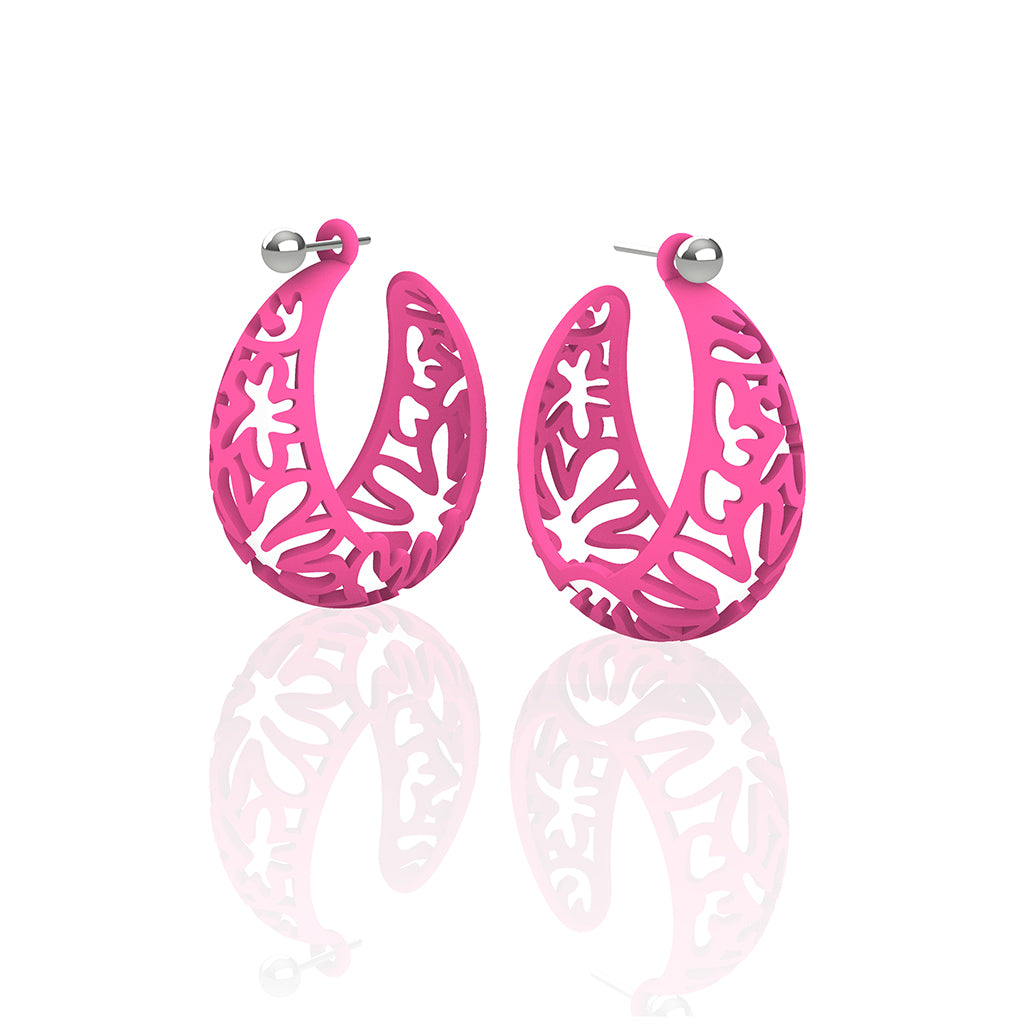 MATISSE inspired  PINK  CORAL CUTOUT HOOP earrings.  SIZE:  MED, 1.25 inch diameter.  Material:  Nylon   Posts:  sterling or 14/20 goldfill, ARTIST:  Ree Gallagher