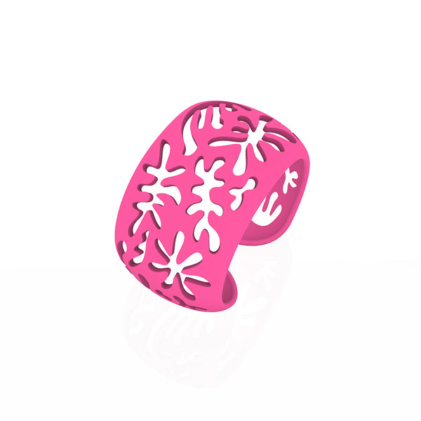 CORAL cutout CUFF bracelet inspired by artist Henri Matisse.  Color is ihot pink.  Measures 1.5 inches wide.  ONE SIZE fits most .  Made of lightweight nylon
