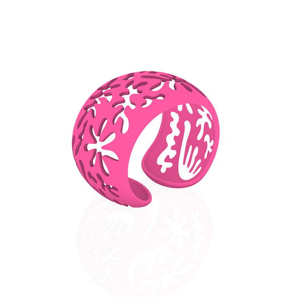 CORAL cutout CUFF bracelet inspired by artist Henri Matisse.  Color is ihot pink.  Measures 1.5 inches wide.  ONE SIZE fits most .  Made of lightweight nylon