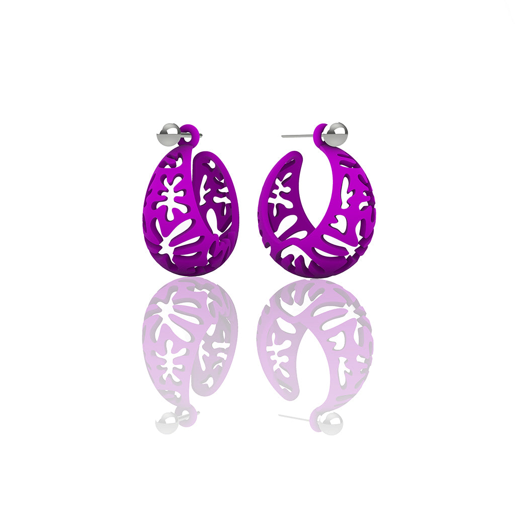 MATISSE inspired  purple,  CORAL CUTOUT HOOP earrings.  SIZE:  SMALL, 0.75 inch or 22mm diameter.  Material:  3D printed Nylon   Posts:  sterling or 14/20 goldfill, Artist:  Ree Gallagher