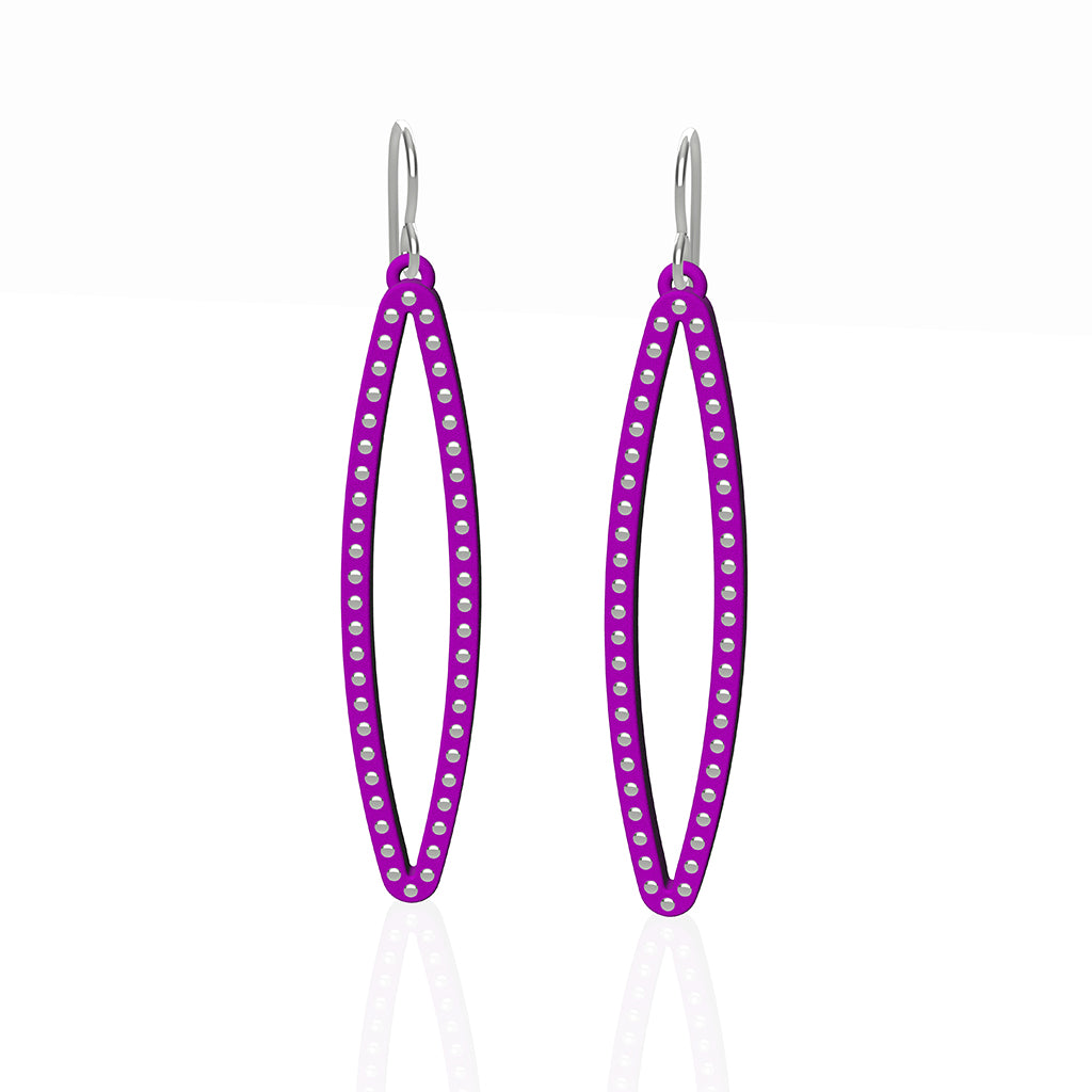 OVAL earrings  SIZE:  MEDIUM ( 2inches long)  with  sterling  silver  studs along shape  COLOR:  purple   MATERIAL: 3D printed Nylon  ARTIST: Ree Gallagher, USA