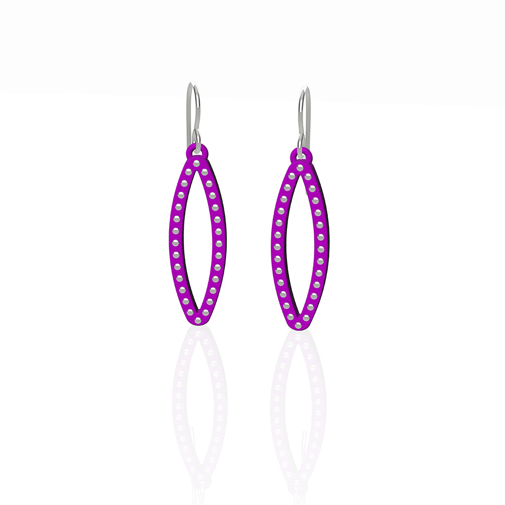 OVAL earrings  SIZE:  SMALL  ( 1.25 inches long)  with  sterling silver  studs along shape  COLOR:   purpke   MATERIAL: 3D printed Nylon  ARTIST: Ree Gallagher, USA