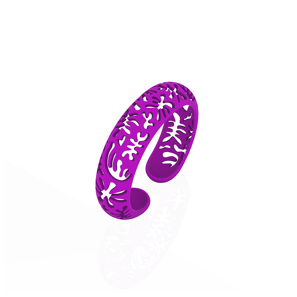 CORAL cutout CUFF bracelet inspired by artist Henri Matisse.  Color is  PURPLE  Measures 3/4 of inches wide.  ONE SIZE fits most .  Made of lightweight nylon