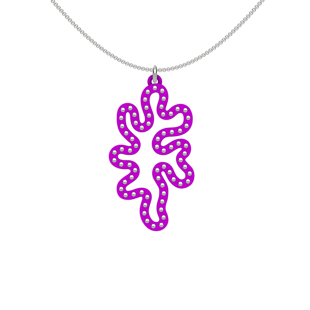 MATISSE.cutout  CORAL pendant  STYLE:  1  with sterling silver studs along shape  COLOR:  purple   MATERIAL:  3D printed Nylon  ARTIST:  Ree Gallagher