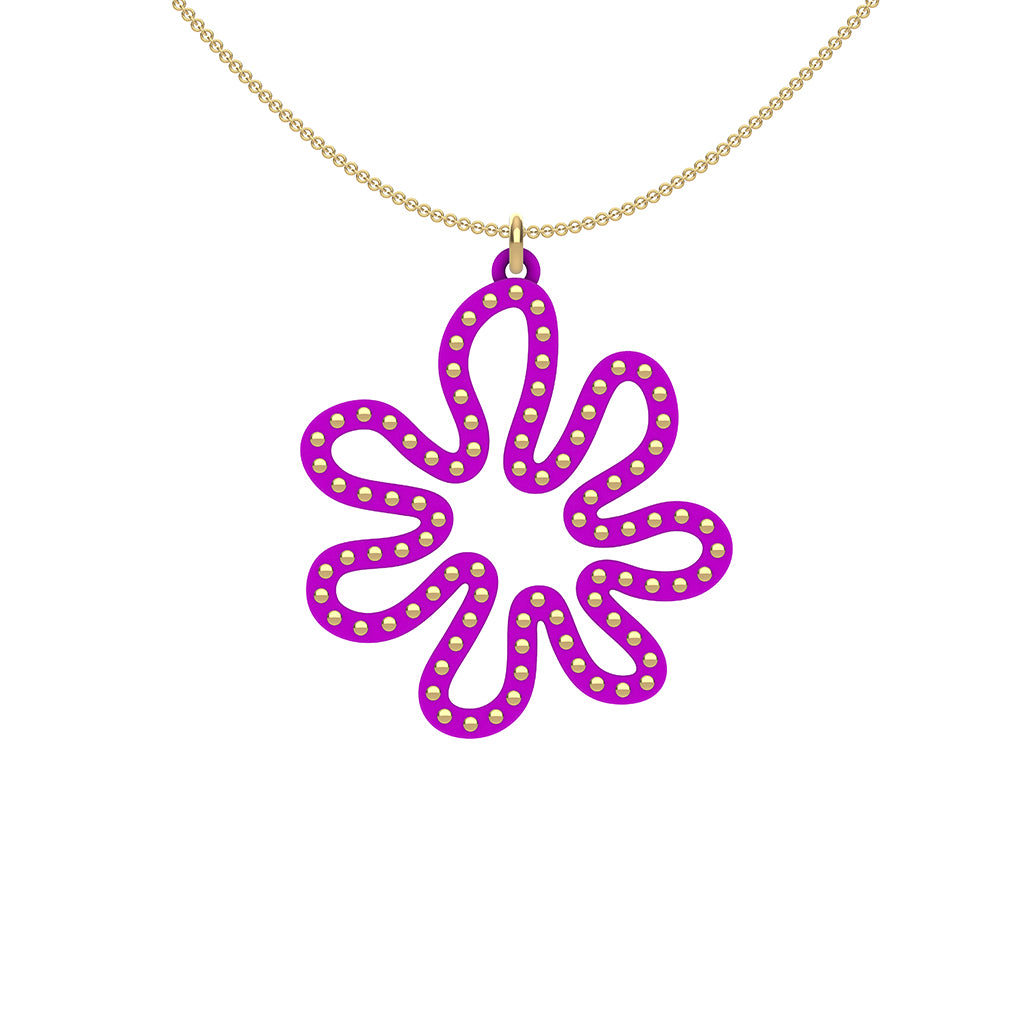 MATISSE.cutout  CORAL pendant  STYLE:  2  with 14/20 goldfill studs along shape  COLOR:  purple    MATERIAL:  3D printed Nylon  ARTIST:  Ree Gallagher, USA