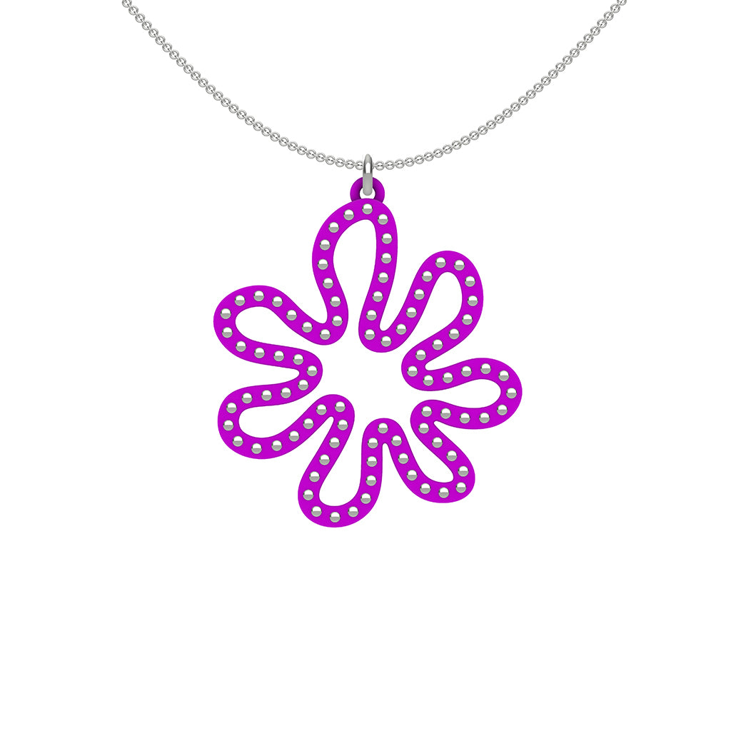 MATISSE.cutout  CORAL pendant  STYLE:  2  with sterling silver studs along shape  COLOR:  purple    MATERIAL:  3D printed Nylon  ARTIST:  Ree Gallagher, USA