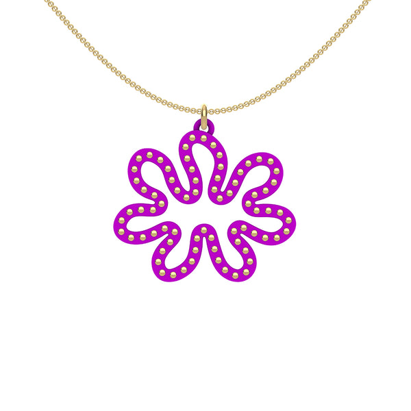 MATISSE.cutout  CORAL pendant  STYLE:  3 , oriented horizontally with 14/20 goldfill  studs along shape  COLOR:   purple    MATERIAL:  3D printed Nylon  ARTIST:  Ree Gallagher, USA