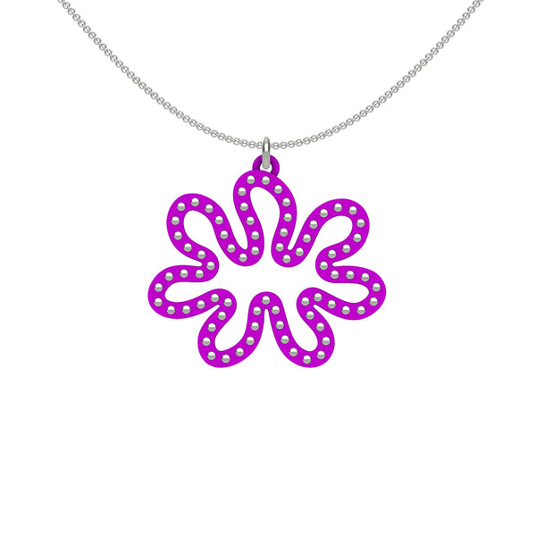 MATISSE.cutout  CORAL pendant  STYLE:  3 , oriented horizontally with sterling silver studs along shape  COLOR:   purple    MATERIAL:  3D printed Nylon  ARTIST:  Ree Gallagher, USA