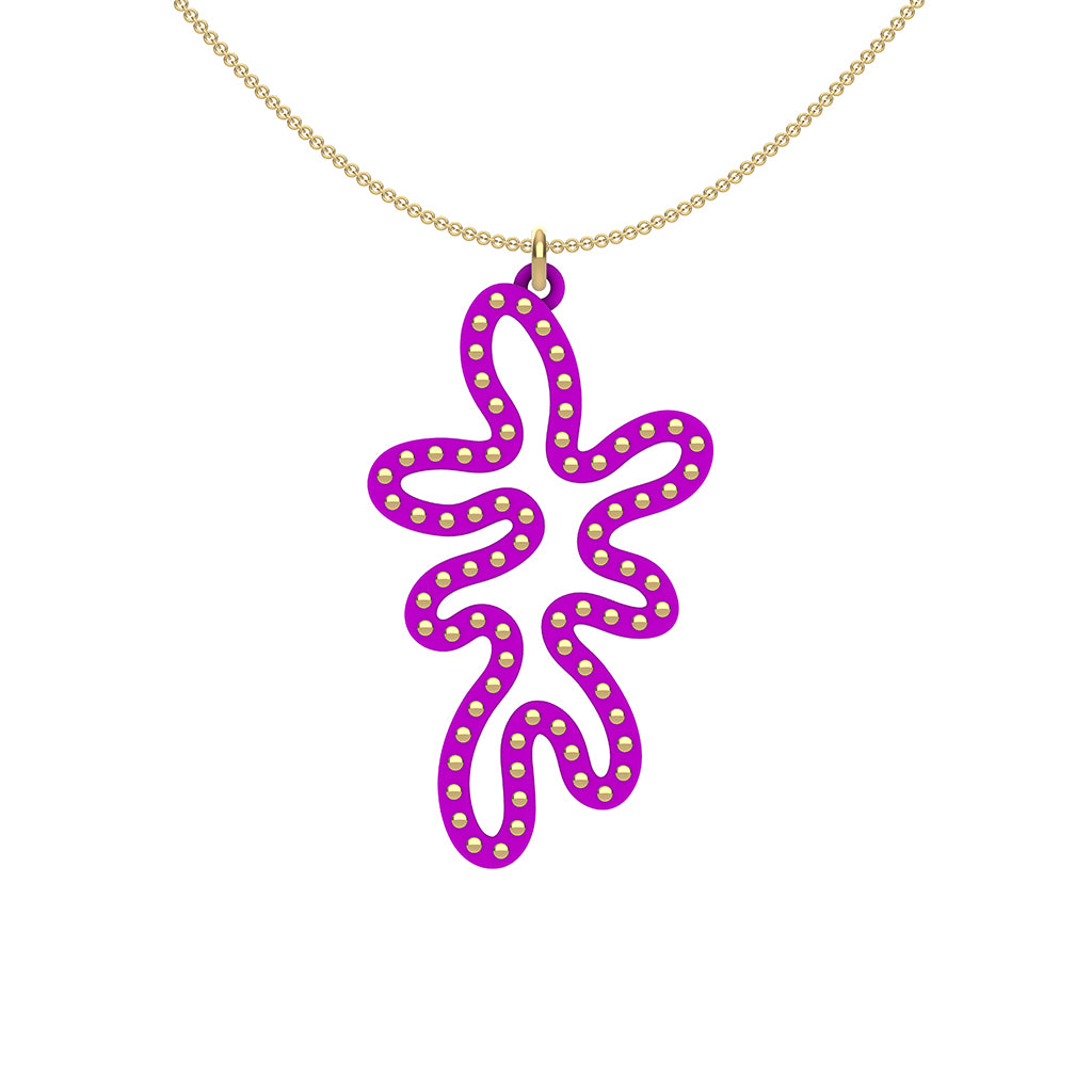 MATISSE.cutout  CORAL pendant  STYLE:  5   vertical coral shape  with 14/20 goldfill studs along shape  COLOR:   purple    MATERIAL:  3D printed Nylon  ARTIST:  Ree Gallagher, USA