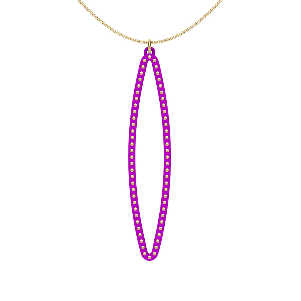 OVAL pendant  LARGE  ( 2.75 inches long)  with  14/20 goldfill  studs along shape  COLOR: purple   MATERIAL: 3D printed Nylon  ARTIST: Ree Gallagher, USA