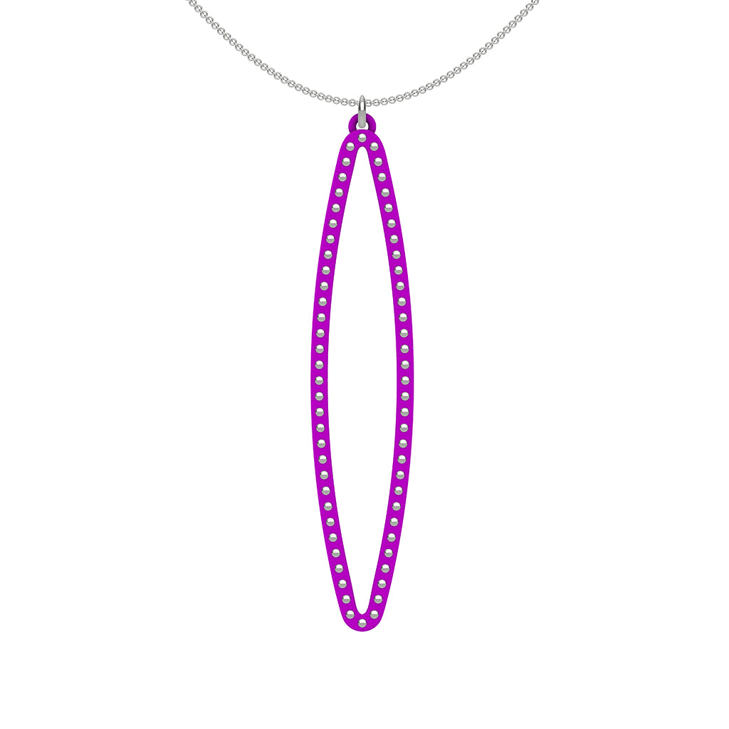OVAL pendant  LARGE  ( 2.75 inches long)  with  sterling silver studs along shape  COLOR: purple   MATERIAL: 3D printed Nylon  ARTIST: Ree Gallagher, USA