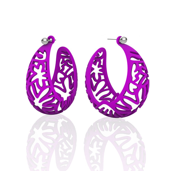 MATISSE inspired PURPLE CORAL CUTOUT HOOP earrings.  1.625 inch diameter.  Material:  Nylon   Posts:  sterling or 14/20 goldfill